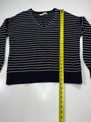 LOFT 100% Cotton Navy and White Striped V-Neck Pullover thumbnail 3