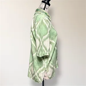 ZARA Green Cream Ikat Oversized Beaded‎ Collar Linen Blend Boho Coastal Shirt XS thumbnail 3