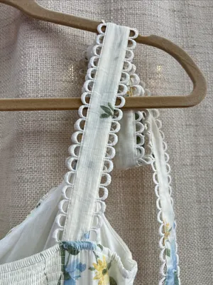 White Blue Yellow Floral Tiered Midi Dress Lace Tie Straps Small thumbnail 14