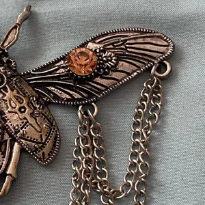 22” Necklace Silver Tone Beetle Pendant 4.5”W Stones Steampunk Goth Gothic thumbnail 4