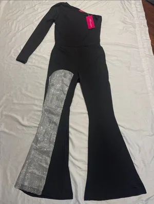 NWT Mundefeis Black One Shoulder Rhinestone Jumpsuit Flare Leg Party Romper S thumbnail 1