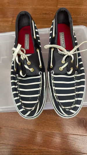 Sperry Black & White Striped Canvas Boat Shoes with Red Insole thumbnail 16