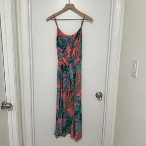 CYNTHIA ROWLEY | Coral Tropical Leaf Print Tie Back Sleeveless‎ Maxi Dress, 2 thumbnail 3