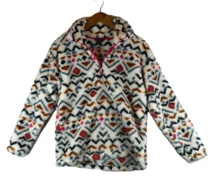 Eddie Bauer Womens Small Faux Fur Pullover‎ Aztec Print Quarter Zip Pink Trim thumbnail 1