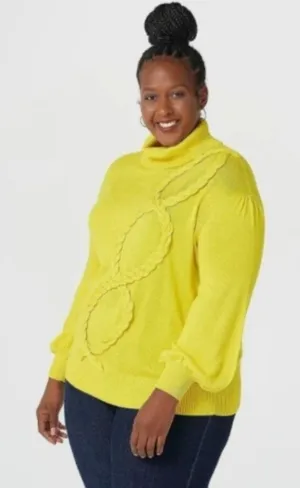 Laurie Felt Women’s L Yellow Braided Knit Sweater Turtleneck Balloon Sleeve thumbnail 1