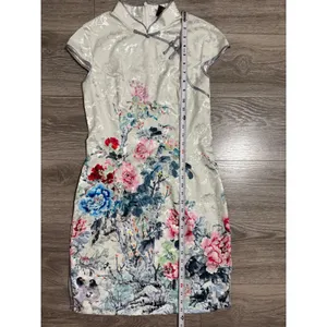 Jin He White Floral Satin Qipao Cheongsam Dress Size S Mandarin Collar Asian thumbnail 7
