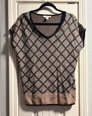 Coldwater Creek Sweater Top‎ Womens Small 8 Brown Geometric Silk Cotton V-Neck thumbnail 1