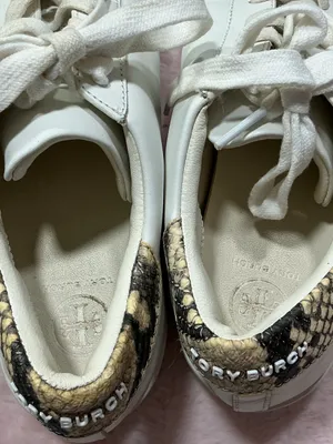 Tory Burch White Leather Sneakers with Black Logo and Snakeskin Trim 159 thumbnail 5