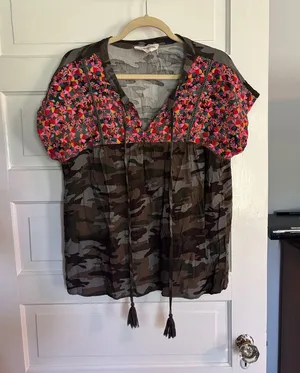 Floral Embroidered Camo Peasant Top - Green/Multicolor thumbnail 1