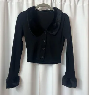 Black Faux Fur Trim Sleeves & Collar Button Up Crop Y2K 90s Style Sweater thumbnail 3