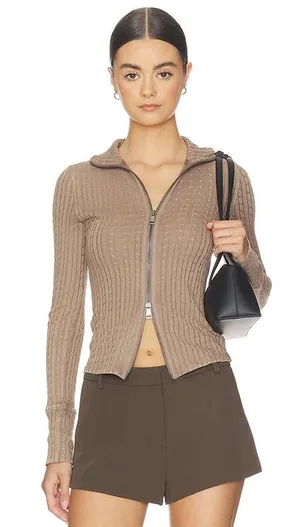 Free People Brunch Girl Up Zip Up in Dusted Cocoa S thumbnail 1