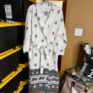 Vintage Earth Angels Fleece Robe White Gray Snowflake Bear Print Belted Large thumbnail 2