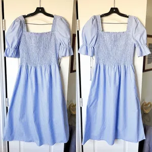 Damaris Bailey Azul Dress Smocked Puff Sleeve Midi Gingham Blue‎ Large NWT thumbnail 2