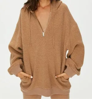 Aritzia The Group Babaton Lillian Wool Brown Faux Sherpa Hoodie Sweater Top M thumbnail 1