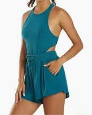 FP Movement‎ Blissed Out Romper S Teal Ribbed Cutout Activewear Athleisure thumbnail 1