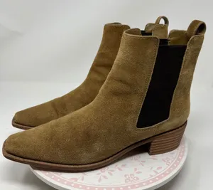 Tory Burch Chelsea Boots Women 10.5 Tan Suede Leather Square Toe Block Heel Pull thumbnail 1
