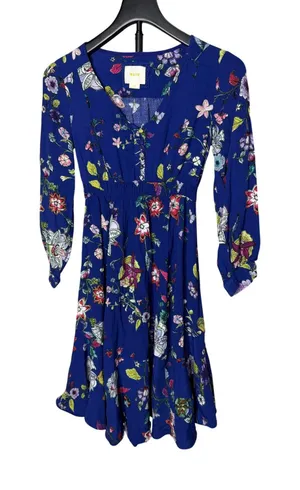 Maeve Anthropologie Floral Butterfly‎ Mini Dress Blue V-Neck Smocked Waist XS thumbnail 1