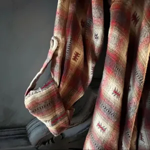 En Creme southwestern plaid flannel poncho shirt with fringe maroon thumbnail 3