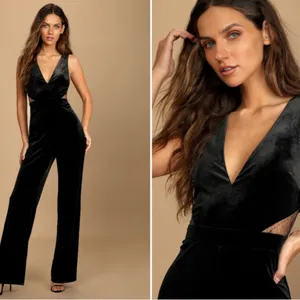 LULU's Sexy Chic Elegant Prom Holidays Wedding Velvet Lace Sophisticated Jumpsuit thumbnail 4