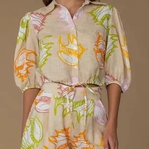 Elizabeth James The Label Linen Colorful Shell Print Coastal Beach Blouse Small thumbnail 1