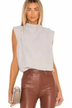 Amanda Uprichard Cream Sleeveless Draped Bodysuit Faux Leather NWOT thumbnail 1