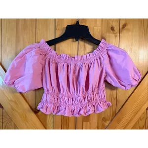 Zara Poplin Pink Off The Shoulder Puff Sleeve Crop Top Shirt Size Small (7136) thumbnail 4