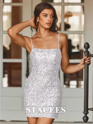 NWT Stacees‎ Sheath Column Square Neckline Sequined Mini Homecoming Dress White thumbnail 3