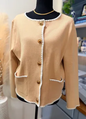 Camel Beige Collarless Knit Cardigan Jacket White Blanket Stitch Gold Buttons M thumbnail 1