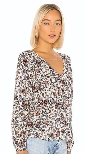 Velvet by Graham & Spencer White Floral V-Neck Blouse with Blue & Brown Accents thumbnail 1