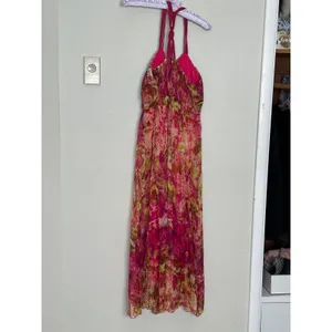 Gorgeous NWT XL Silk Rhinestone Pink Green Maxi Dress Formal Wedding Guest Y2K thumbnail 6