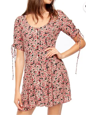 Free People Lace Up Mini Black Combo Dress Buttoned Front Ditsy Floral Print S thumbnail 1