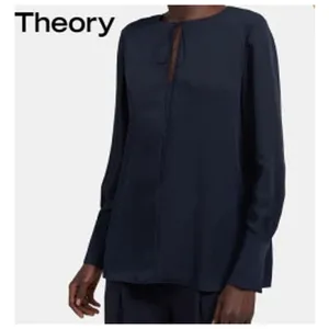 Theory Silk MED Navy Blue Keyhole Tie Front Cuffed Sleeve Blouse Tunic Minimal thumbnail 2