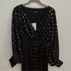 Little‎ Mistress Black & Gold Foil Leaf Pleated Maxi Dress UK 8 US 4 NWT thumbnail 9