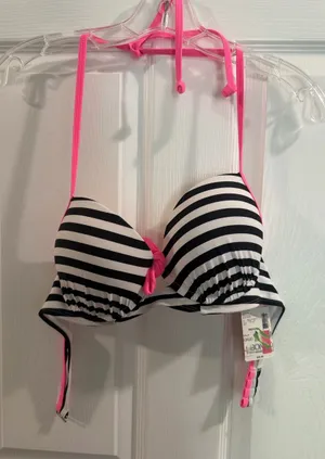 BONGO Black & White Striped Bikini Top with Hot Pink Trim thumbnail 1