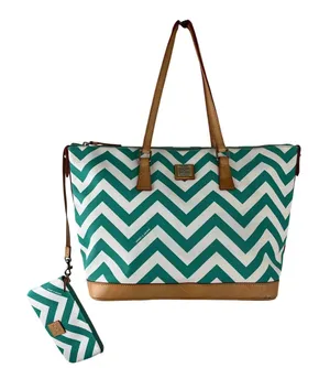 Dooney & Bourke Chevron Tote Bag Teal White Leather Trim Shoulder Bag & Wristlet thumbnail 1