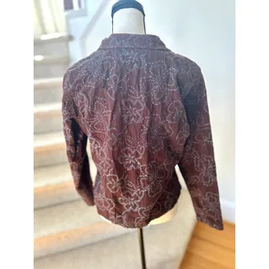 FLAX Brown Corduroy & Blue Floral Embroidery Button Up Jacket thumbnail 4