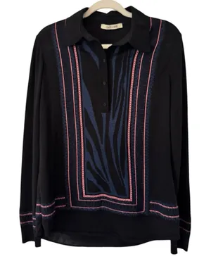 Roberto Cavalli Black Metallic Knit Long Sleeve Polo Shirt Women’s Size Large thumbnail 1