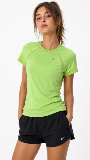 ASICS Running Shirt Women M Lime Green Short‎ Sleeve Breathable Sporty Athletic thumbnail 1