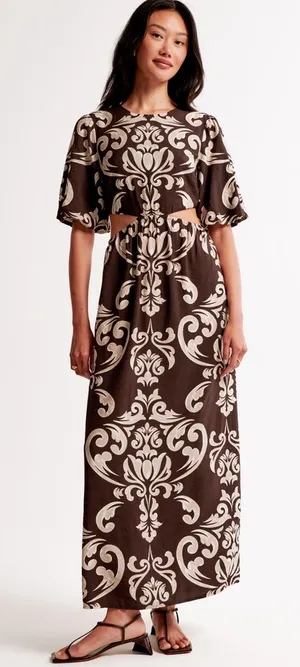 Abercrombie & Fitch Short Puff Sleeve Cutout Maxi Dress Brown Tan Floral Pattern thumbnail 1