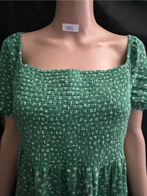 American Eagle Green & White Floral Smocked Square-Neck Mini Dress MD thumbnail 7