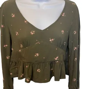 Arizona Jeans Green Pink Floral Peplum Crop Top Long Sleeve‎ Small Boho Y2K 90's thumbnail 3