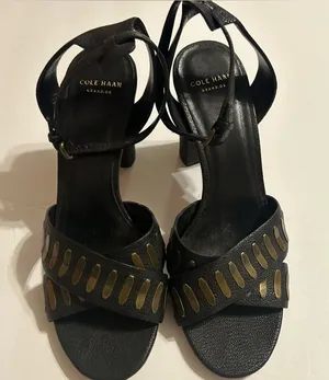 Cole Haan Black Leather Heeled Sandals with Gold Cutouts thumbnail 1