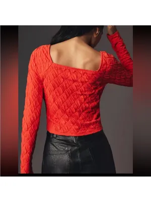 ANTHROPOLOGIE Maeve‎ Popcorn Long Sleeve Square Neck Red Tee Large thumbnail 3