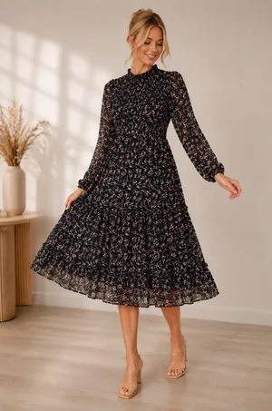 Petal + Pup Edwina Smocked Navy Tiered Smocked Floral Dress - Size S thumbnail 1
