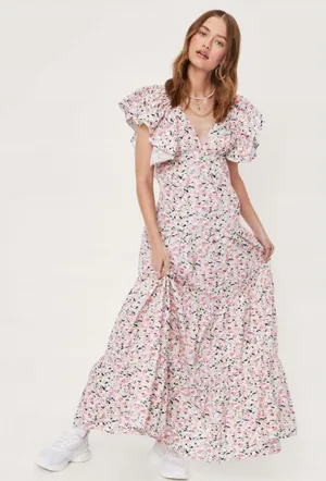 NWT Nasty Gal Collection‎ Floral Frill Shoulder Smock maxi dress sz 2 thumbnail 1
