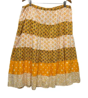 Boho Tiered‎ Midi Skirt L Yellow Patchwork Cottagecore Prairie Hippie Festival thumbnail 1