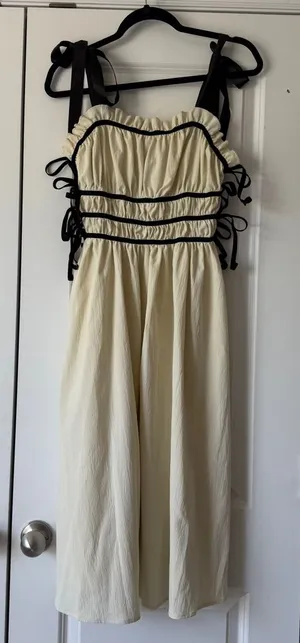 Cream Midi Dress with Black Trim and Tie Straps thumbnail 1