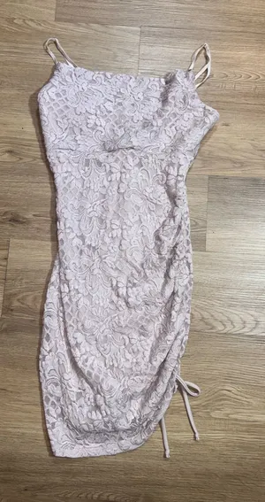 Honey and Rosie Size S Blush Pink Lace Ruched Midi Dress Bodycon thumbnail 1