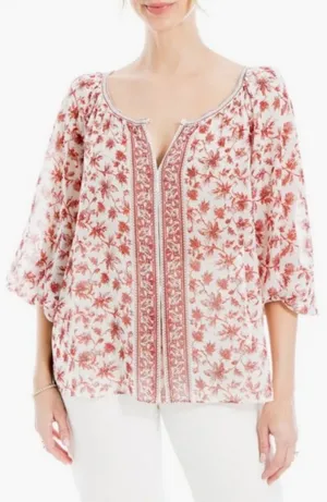 💕MAX STUDIO💕 V-Neck Long Sleeve Georgette Top ~ Red Chintzy Rambler Large NWOT thumbnail 1