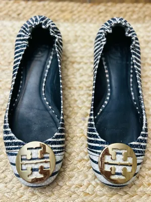 Tory Burch Reva Navy Blue White Striped Snake Skin Embossed Logo Ballet Flat 6.5 thumbnail 1